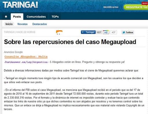Taringa se defiende del affaire de Megaupload
