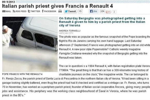 Un párroco italiano le regaló un Renault 4 al papa Francisco