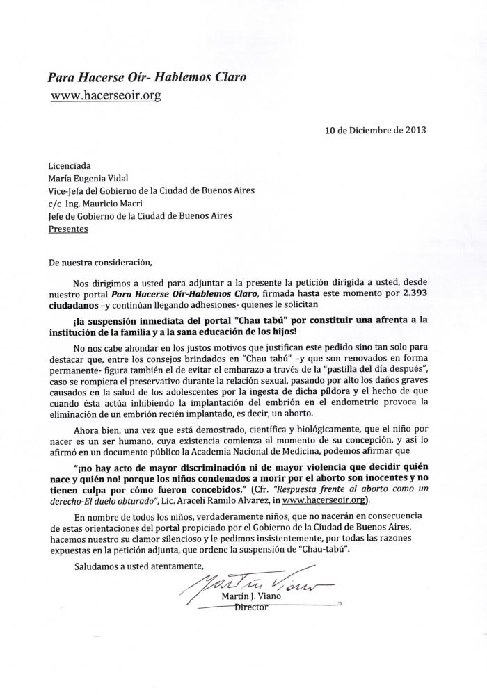 ¡Suspenda ¨Chau tabú¨!: Fueron entregadas las primeras firmas de adhesión al pedido dirigido a la Lic. María Eugenia Vidal