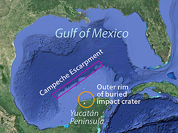 Mapa de Golfo de México frente Yucatán revela impacto de asteroide