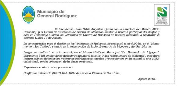 Gral. Rodriguez: acto malvinero el 17 de agosto