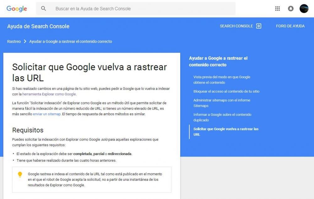 Solicitar que Google vuelva a rastrear las URL