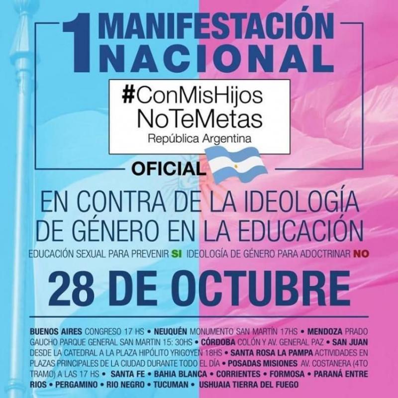 Domingo 28 de octubre: manifestaciones en todo el país contra la Ideología de Género en la Educación