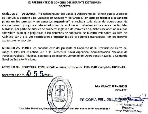 Concejo Deliberante de Tolhuin, repudia a la bandera británica